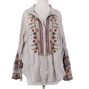 Johnny Was Workshop Top Sz L Cream Tan Multicolor Embroidered Buttons Cotton Top